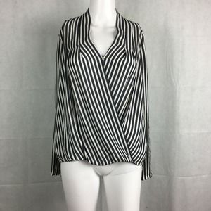 Ann Taylor Shirt Womens Sz XS White‎ Gray Striped Wrap Front Top Blouse Career